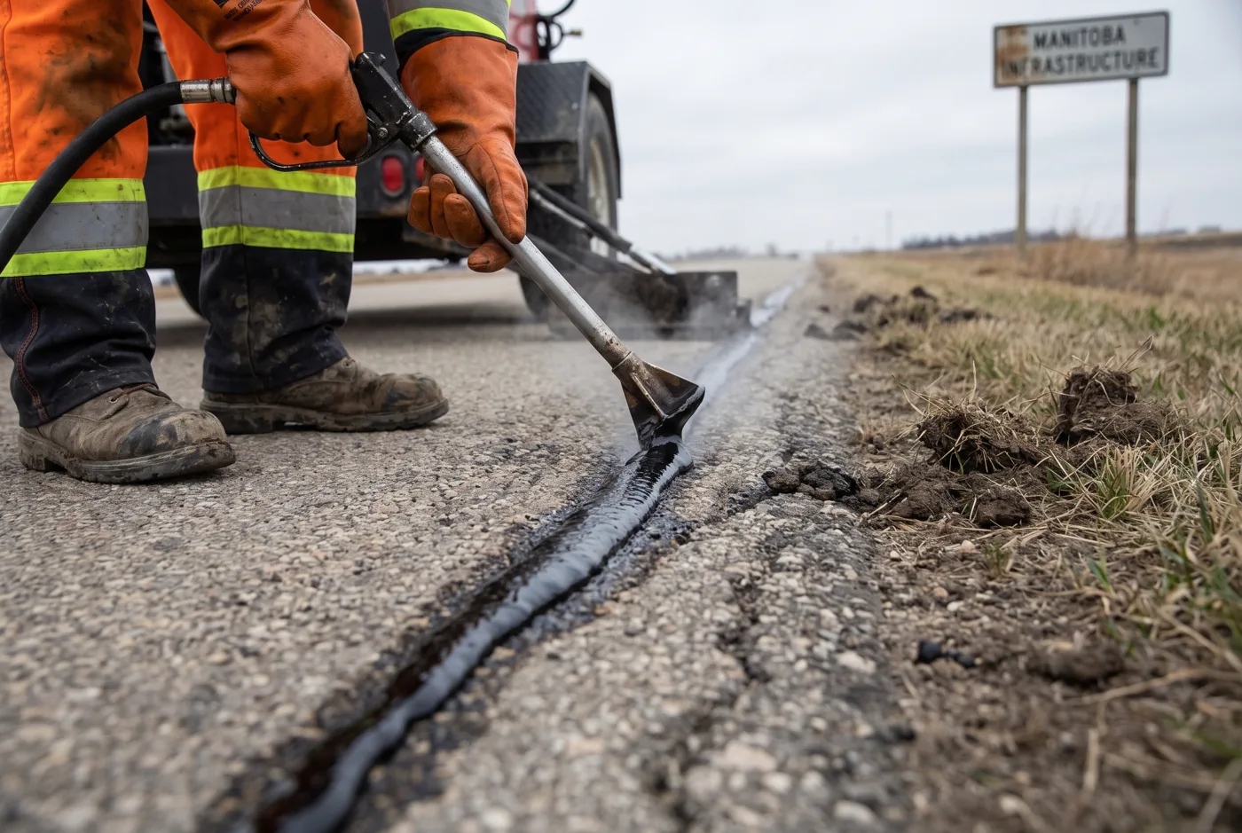 Hot-pour rubberized sealant being applied